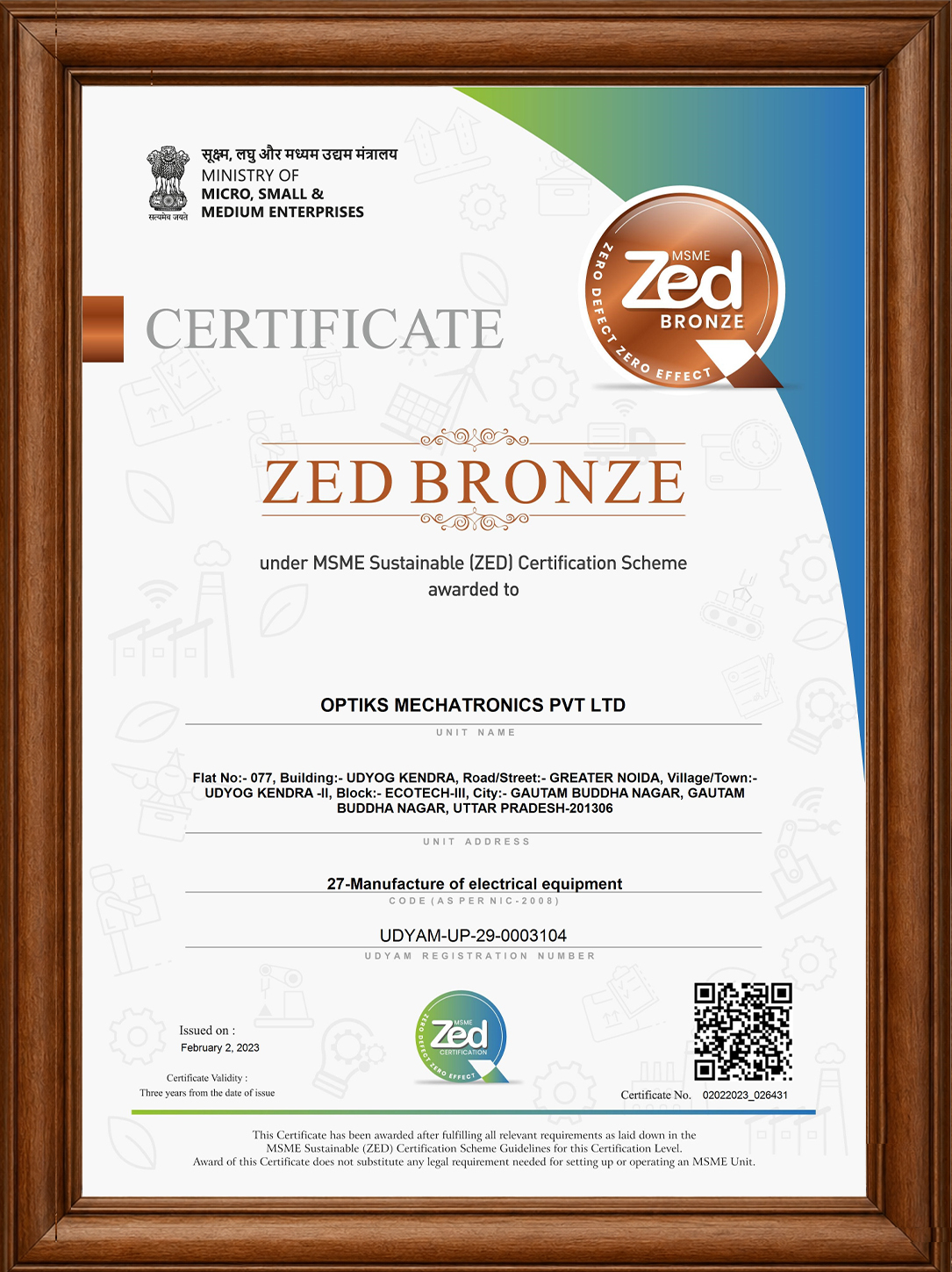 ZED Bronze Certificate - Optiks Mechatronics