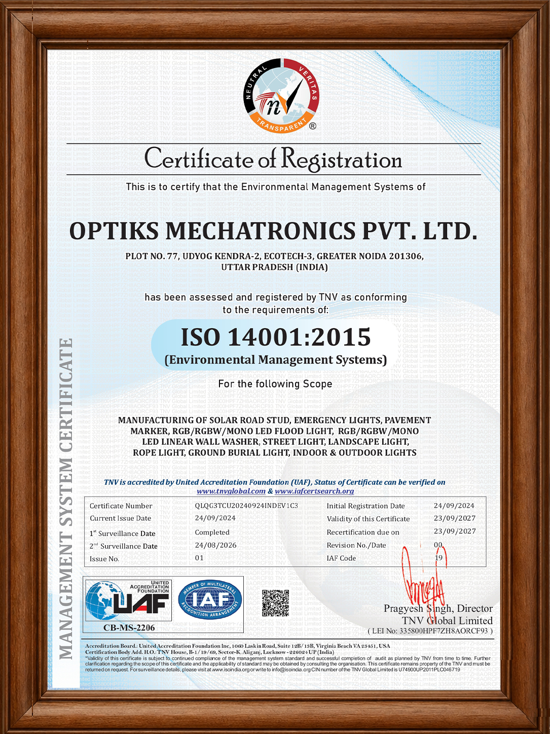 ISO 14001:2015 Certificate - Optiks Mechatronics