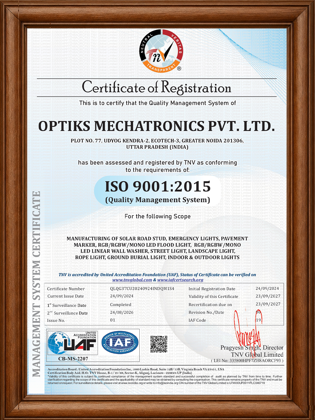 ISO 9001:2015 Certificate - Optiks Mechatronics