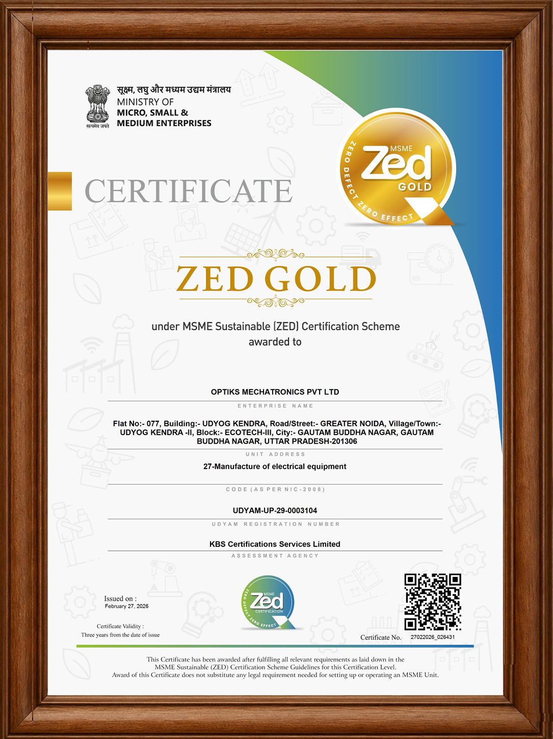ZED Gold Certificate - Optiks Mechatronics