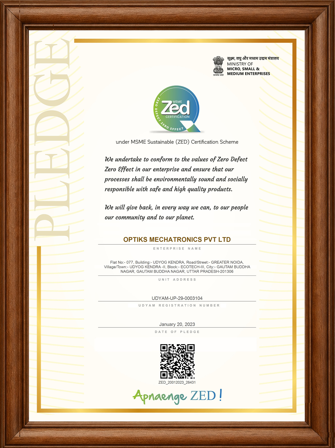ZED Pledge Certificate - Optiks Mechatronics