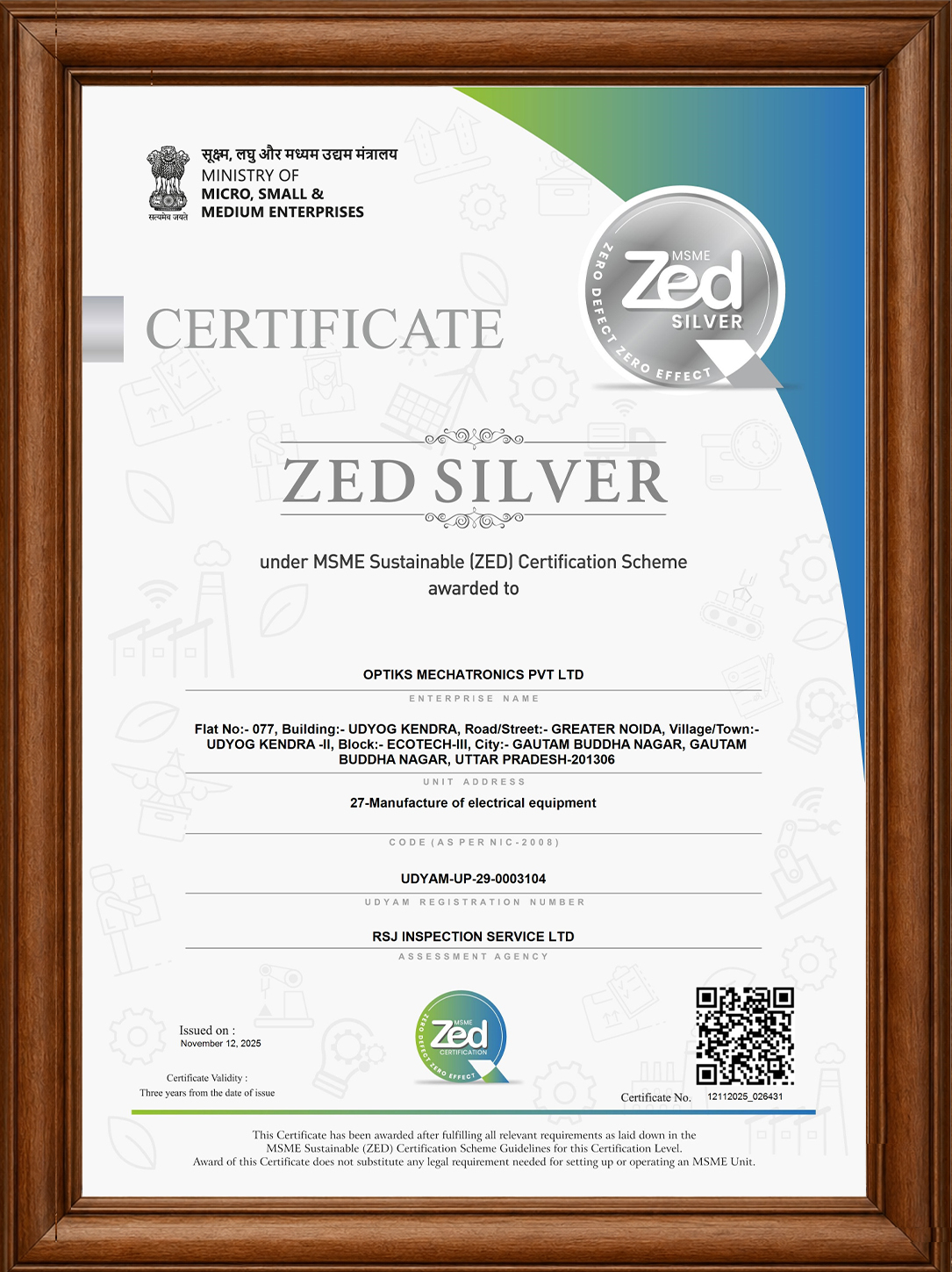 ZED Silver Certificate - Optiks Mechatronics